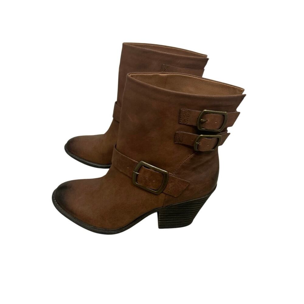 Lucky Brand Tommie Brown Leather Buckle Stacked Heel Boots Boho Western 10